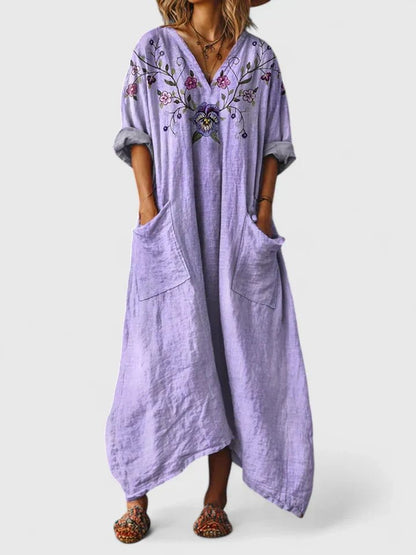 Dames Boho Maxi Jurk met V-hals en Oversized Pasvorm Paars