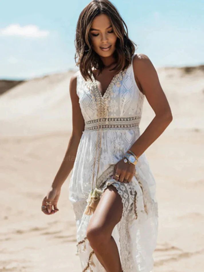 Dames Boho Maxi Jurk Mouwloos met V-hals en Kant Wit