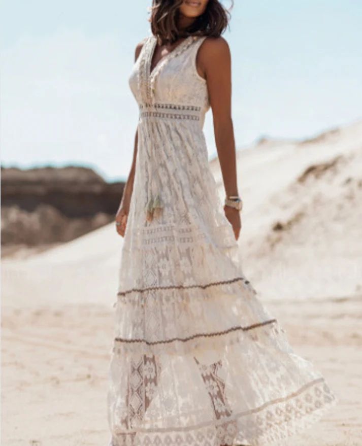 Dames Boho Maxi Jurk Mouwloos met V-hals en Kant