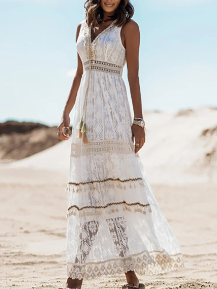 Dames Boho Maxi Jurk Mouwloos met V-hals en Kant