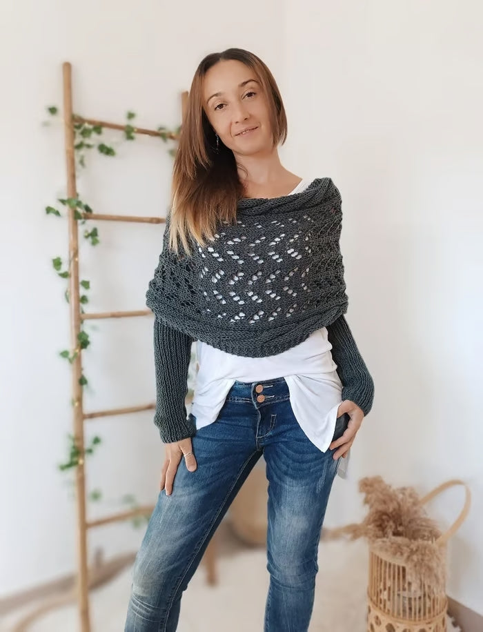 Dames Boho Omslagdoek met Ajour Patroon en Lange Mouwen Donker grijs