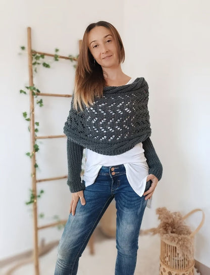Dames Boho Omslagdoek met Ajour Patroon en Lange Mouwen Donker grijs