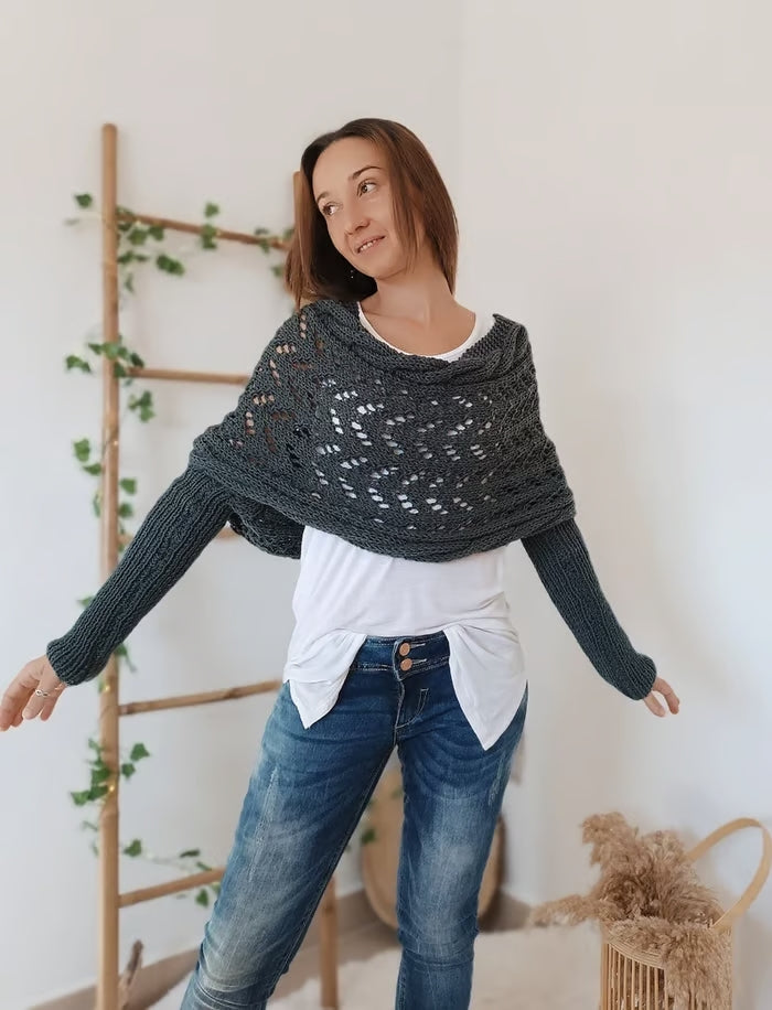 Dames Boho Omslagdoek met Ajour Patroon en Lange Mouwen