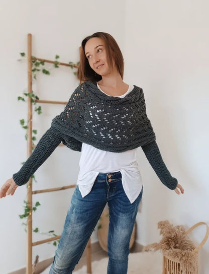 Dames Boho Omslagdoek met Ajour Patroon en Lange Mouwen