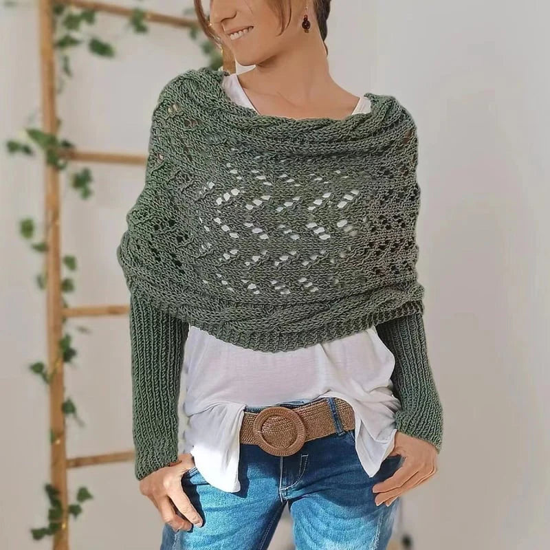 Dames Boho Omslagdoek met Ajour Patroon en Lange Mouwen Groen