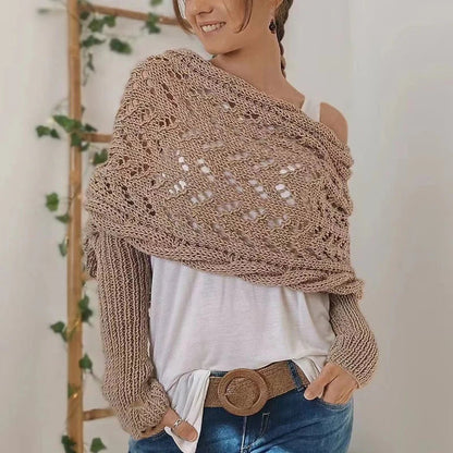 Dames Boho Omslagdoek met Ajour Patroon en Lange Mouwen Khaki