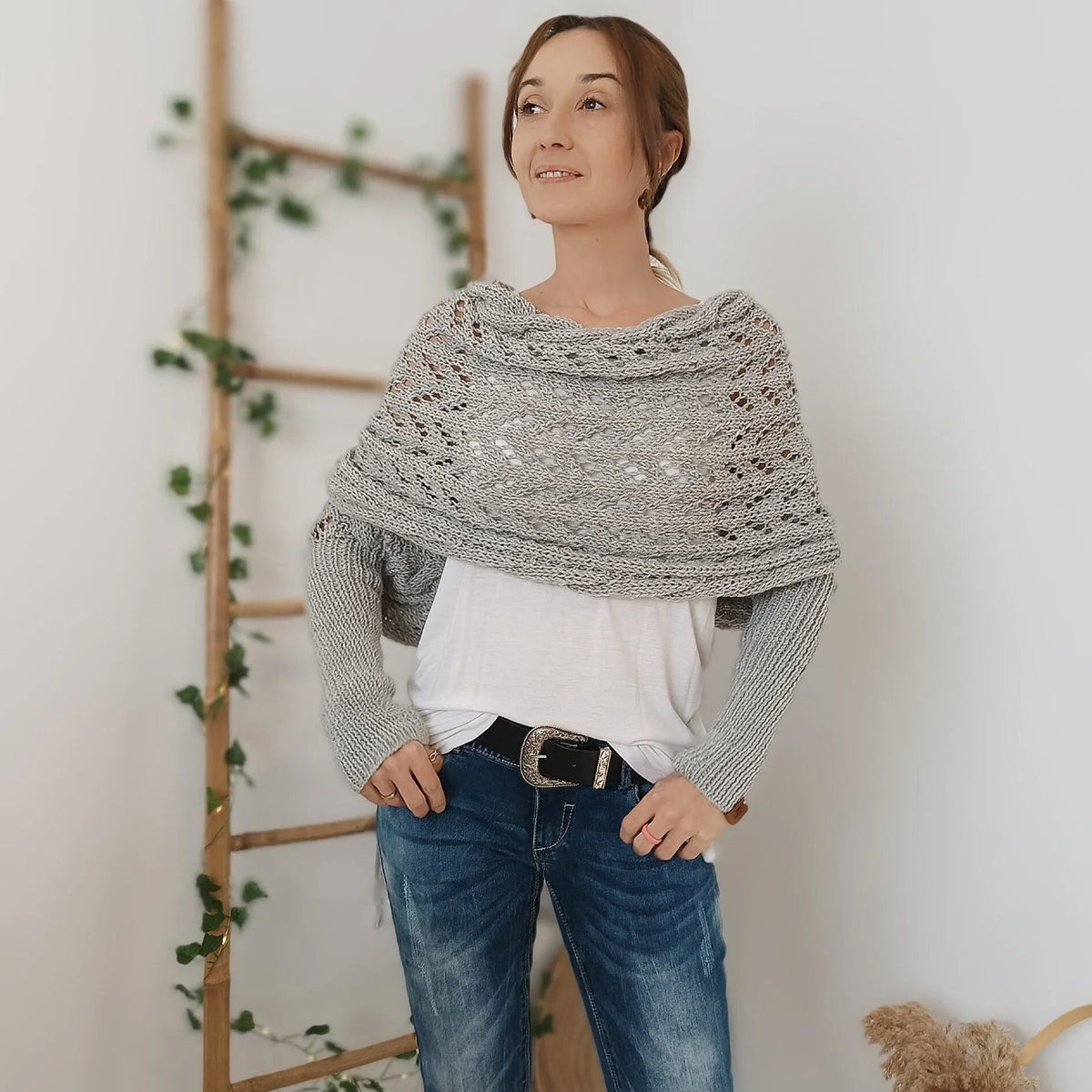 Dames Boho Omslagdoek met Ajour Patroon en Lange Mouwen