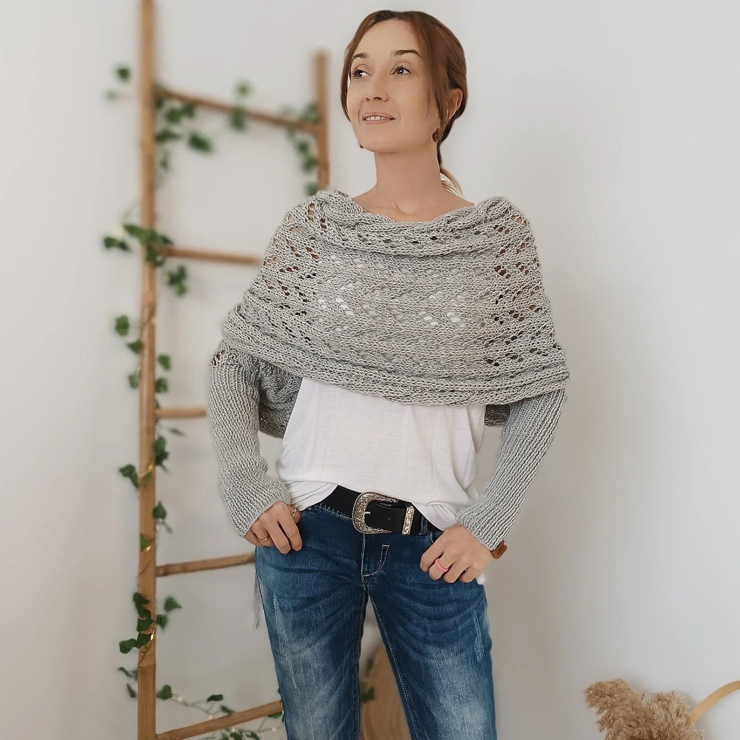 Dames Boho Omslagdoek met Ajour Patroon en Lange Mouwen