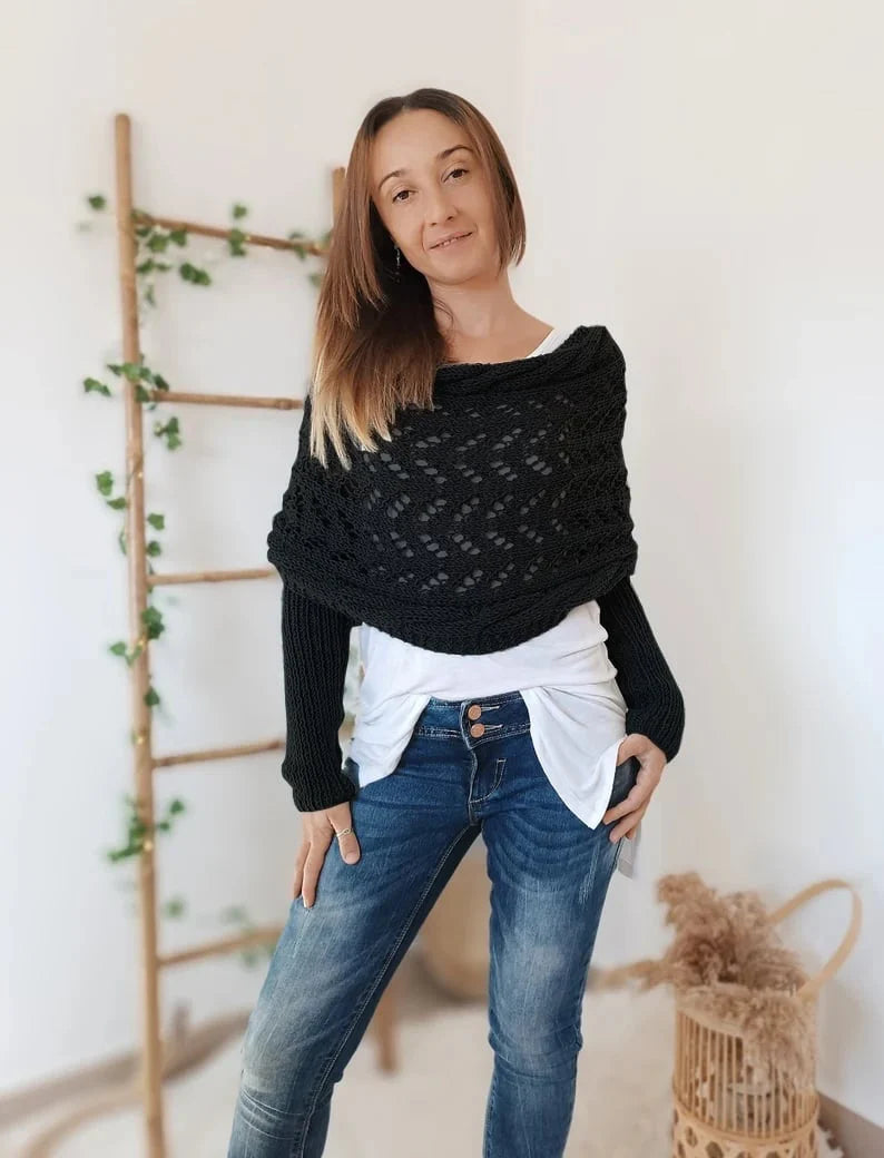 Dames Boho Omslagdoek met Ajour Patroon en Lange Mouwen Zwart