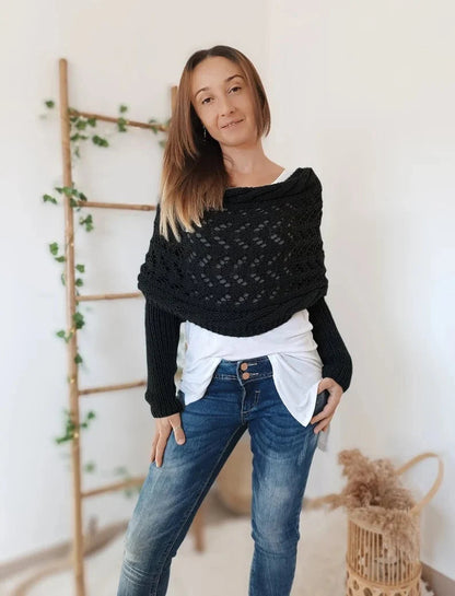 Dames Boho Omslagdoek met Ajour Patroon en Lange Mouwen Zwart
