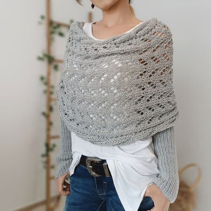 Dames Boho Omslagdoek met Ajour Patroon en Lange Mouwen Licht grijs