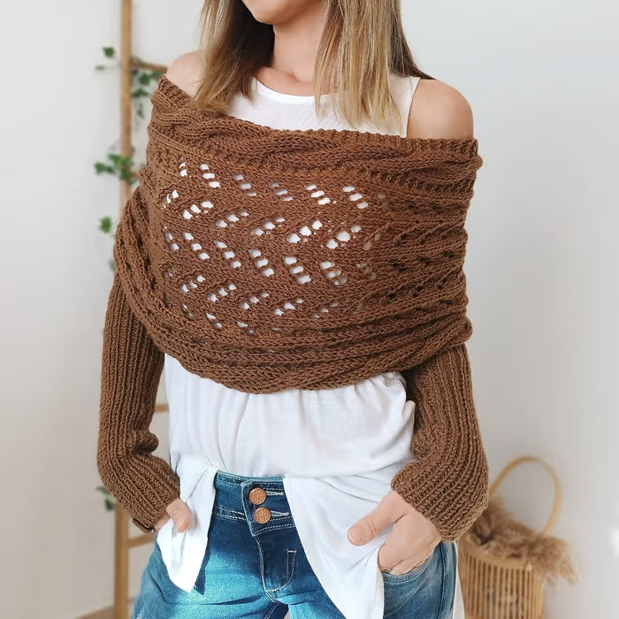 Dames Boho Omslagdoek met Ajour Patroon en Lange Mouwen Bruin