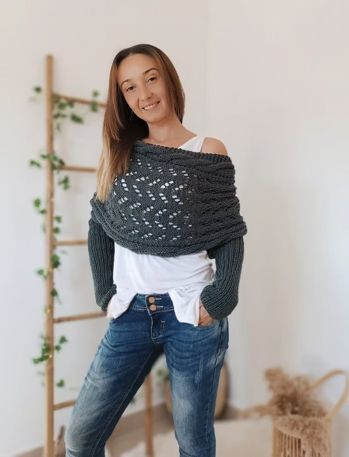 Dames Boho Omslagdoek met Ajour Patroon en Lange Mouwen