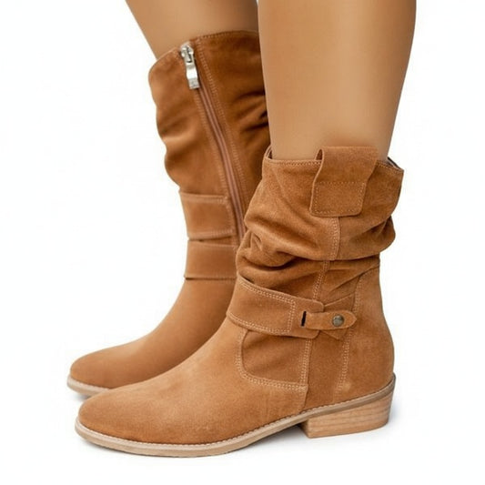 Dames Boots met Ritssluiting en Geplooid Detail op Blokhak