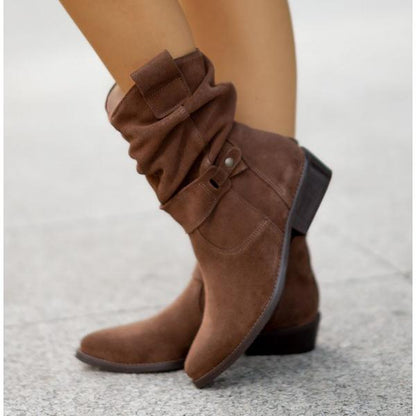 Dames Boots met Ritssluiting en Geplooid Detail op Blokhak Arizona Bruin