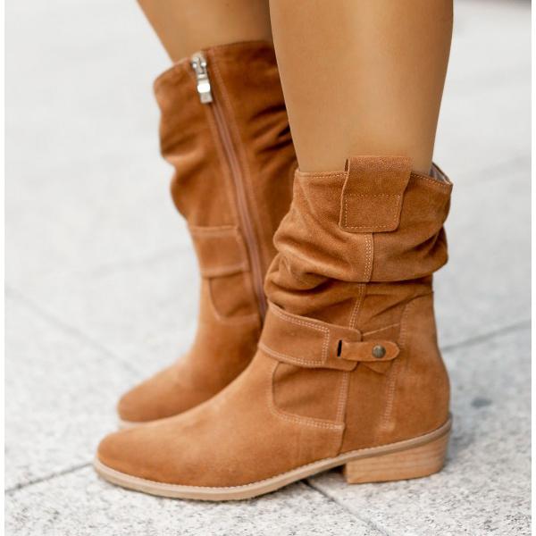 Dames Boots met Ritssluiting en Geplooid Detail op Blokhak Bruin