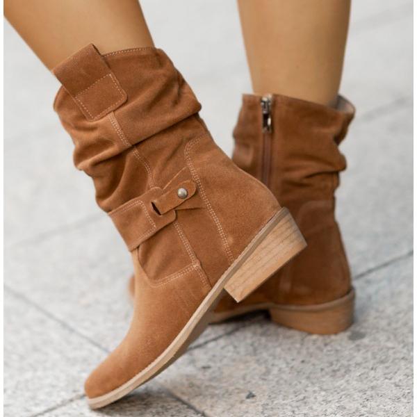 Dames Boots met Ritssluiting en Geplooid Detail op Blokhak