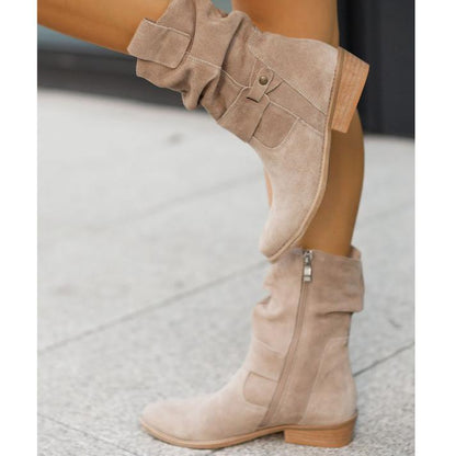 Dames Boots met Ritssluiting en Geplooid Detail op Blokhak Beige