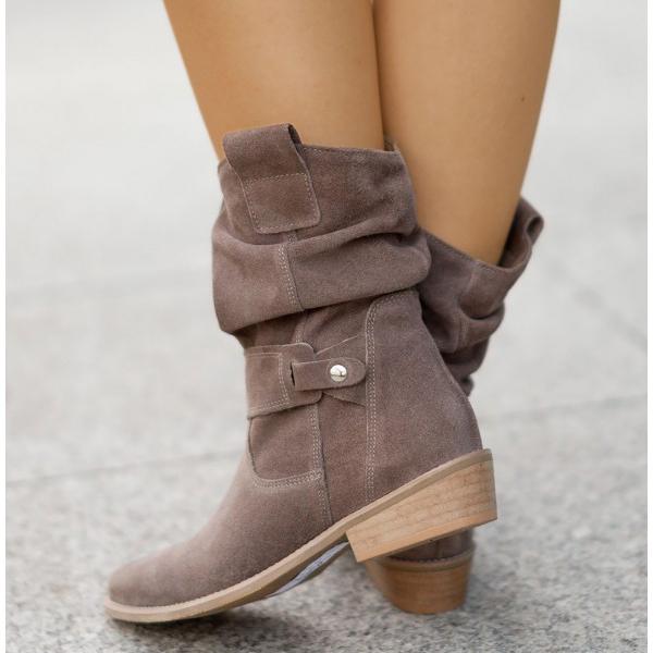 Dames Boots met Ritssluiting en Geplooid Detail op Blokhak Taupe