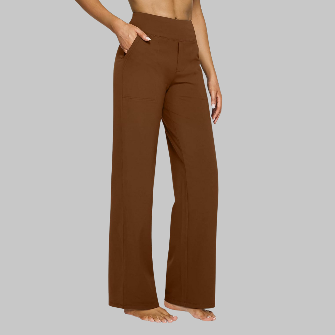 Dames Broek Hoge Taille met Wijde Pijpen en Elastische Tailleband Donkerbruin