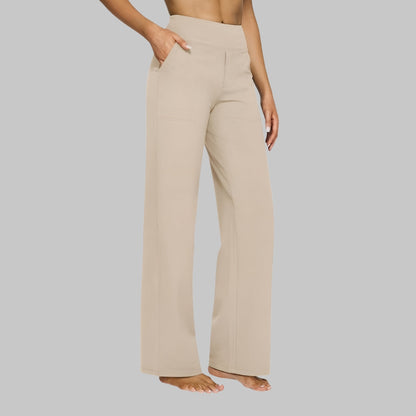 Dames Broek Hoge Taille met Wijde Pijpen en Elastische Tailleband Crème
