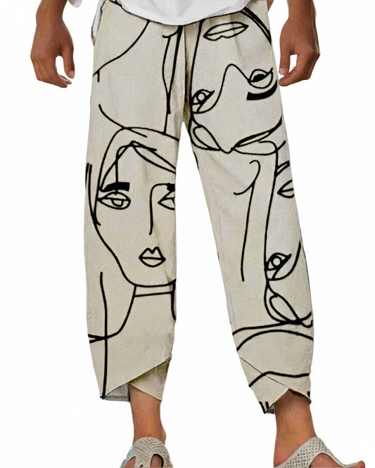 Dames Broek met Abstracte Gezichtenprint en Elastische Taille Beige