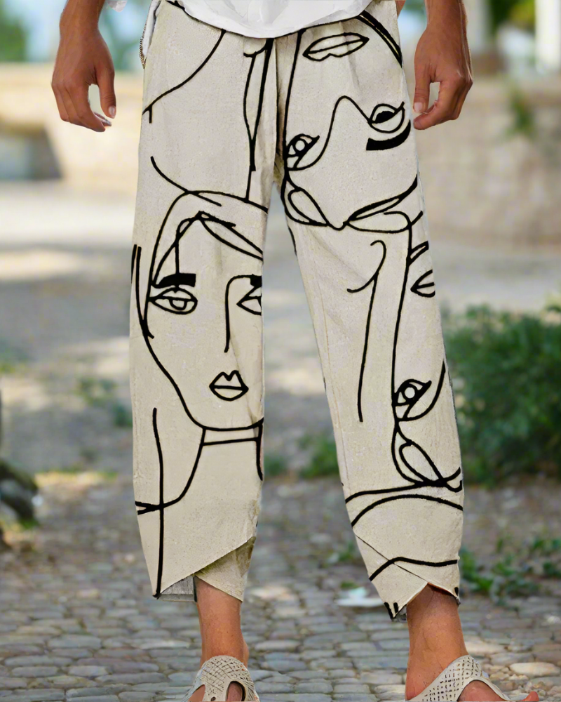 Dames Broek met Abstracte Gezichtenprint en Elastische Taille