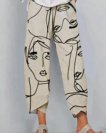Dames Broek met Abstracte Gezichtenprint en Elastische Taille