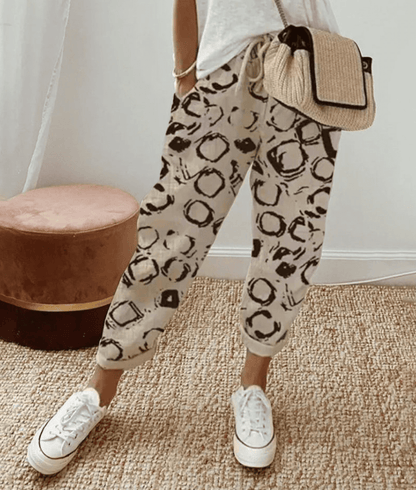 Dames Broek met Elastische Taille en Koordjes Casual Loose Fit Beige met Stippen