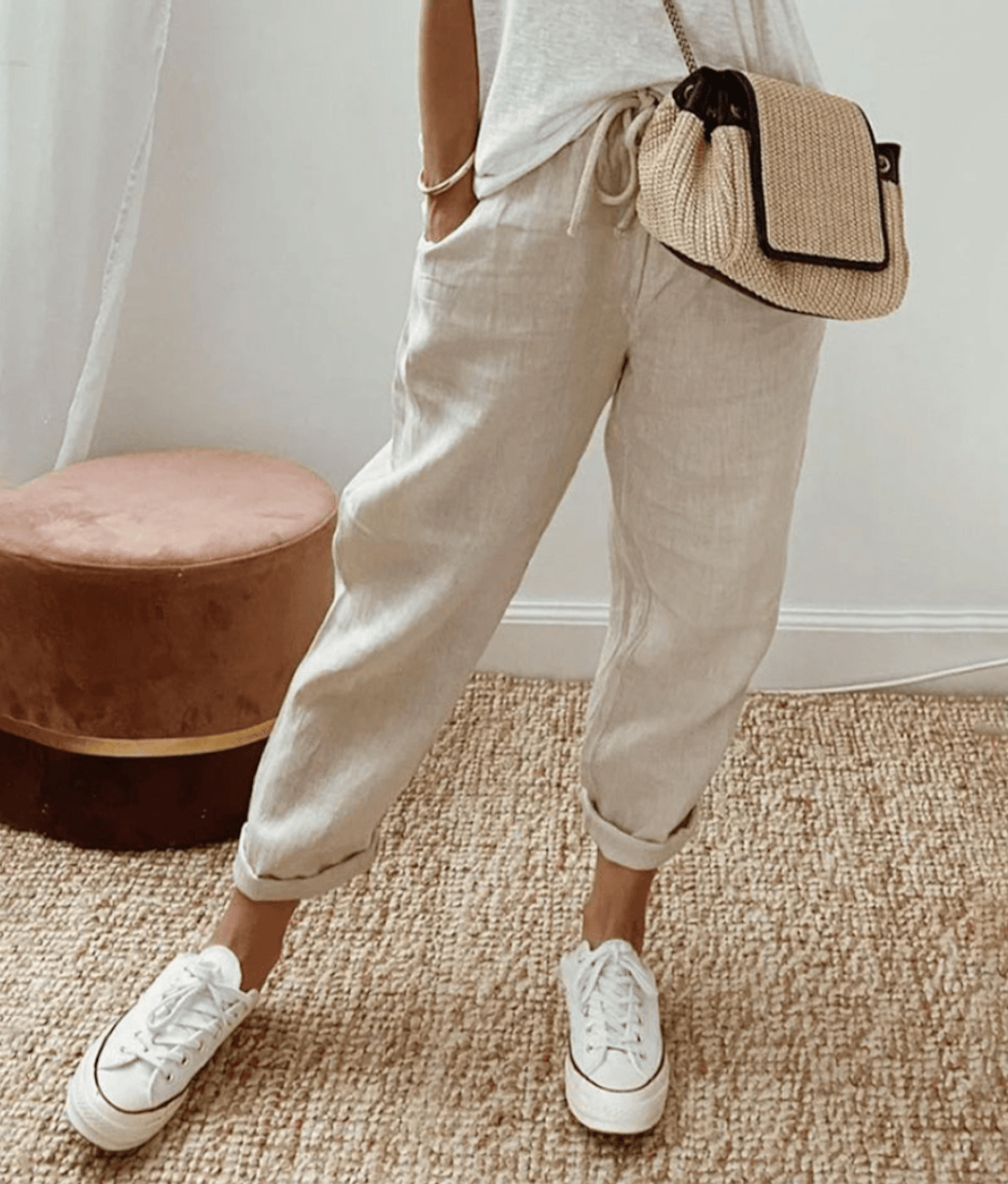 Dames Broek met Elastische Taille en Koordjes Casual Loose Fit Beige