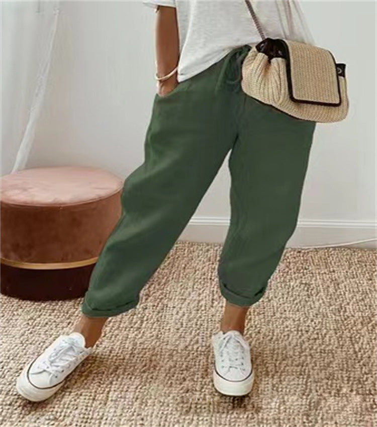Dames Broek met Elastische Taille en Koordjes Casual Loose Fit Donkergroen