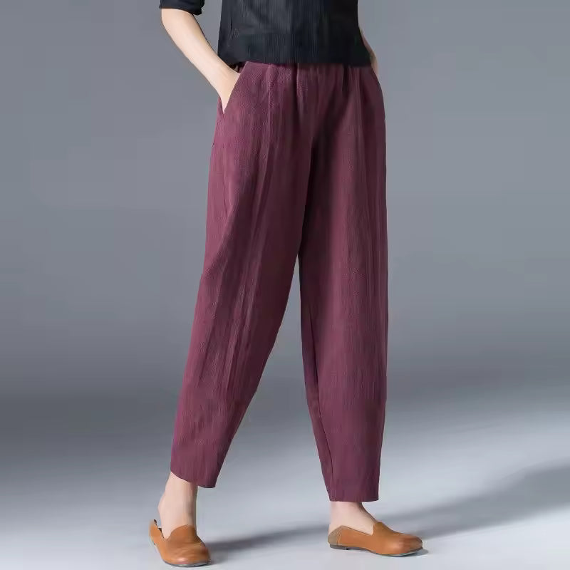 Dames Broek met Elastische Taille en Zijzakken Bordeauxrood