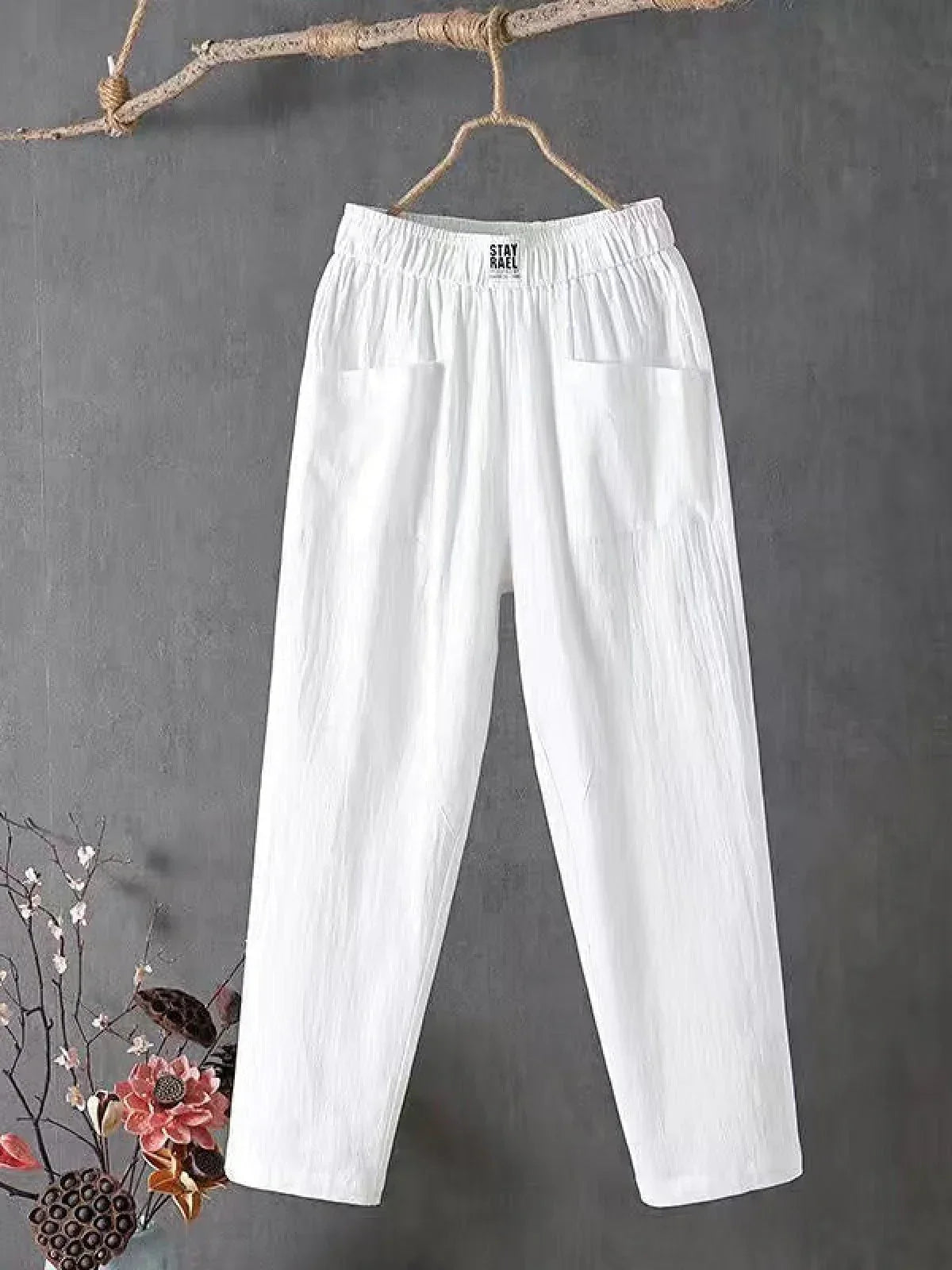 Dames Broek met Elastische Taille en Zijzakken Regular Fit Wit