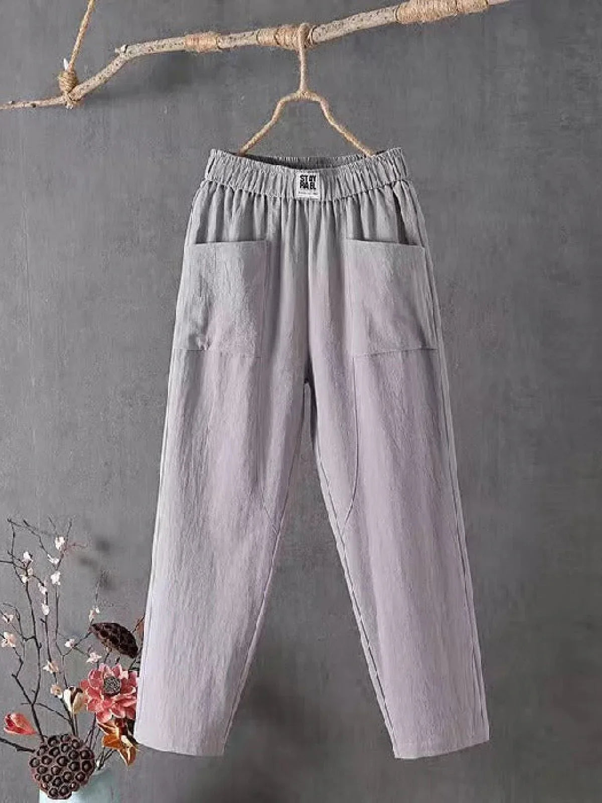 Dames Broek met Elastische Taille en Zijzakken Regular Fit Grijs