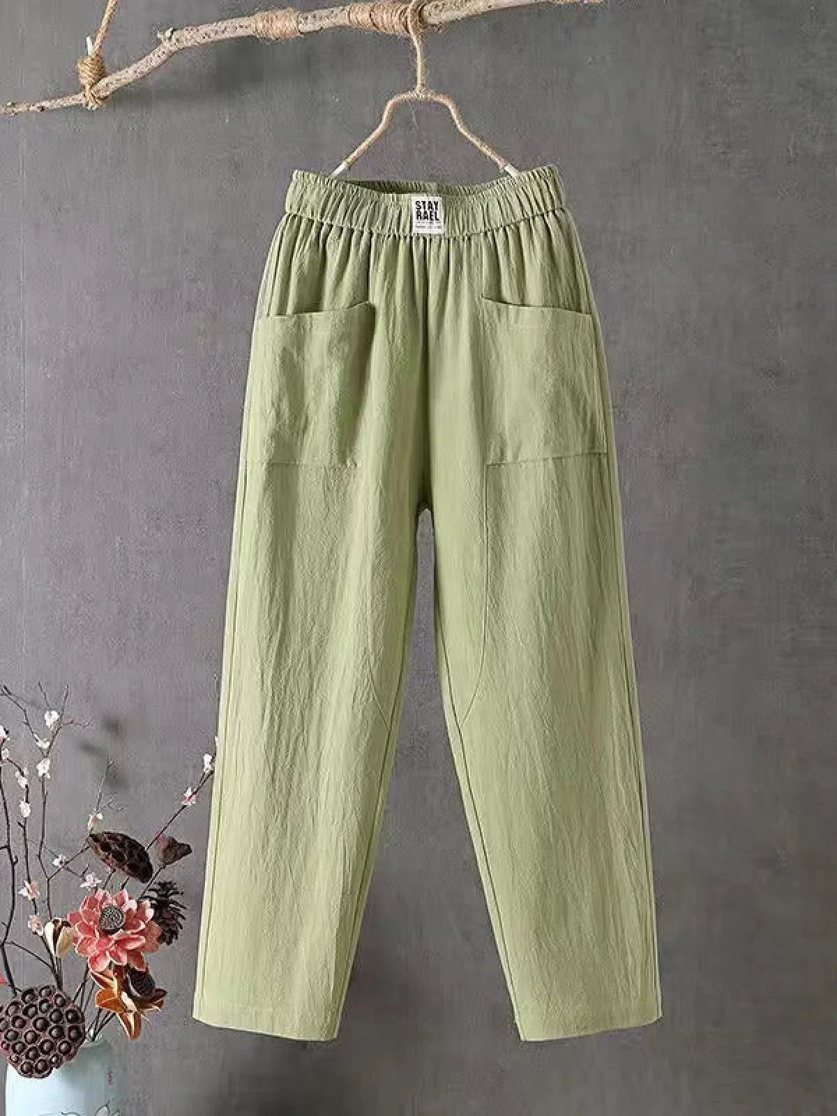 Dames Broek met Elastische Taille en Zijzakken Regular Fit Groen