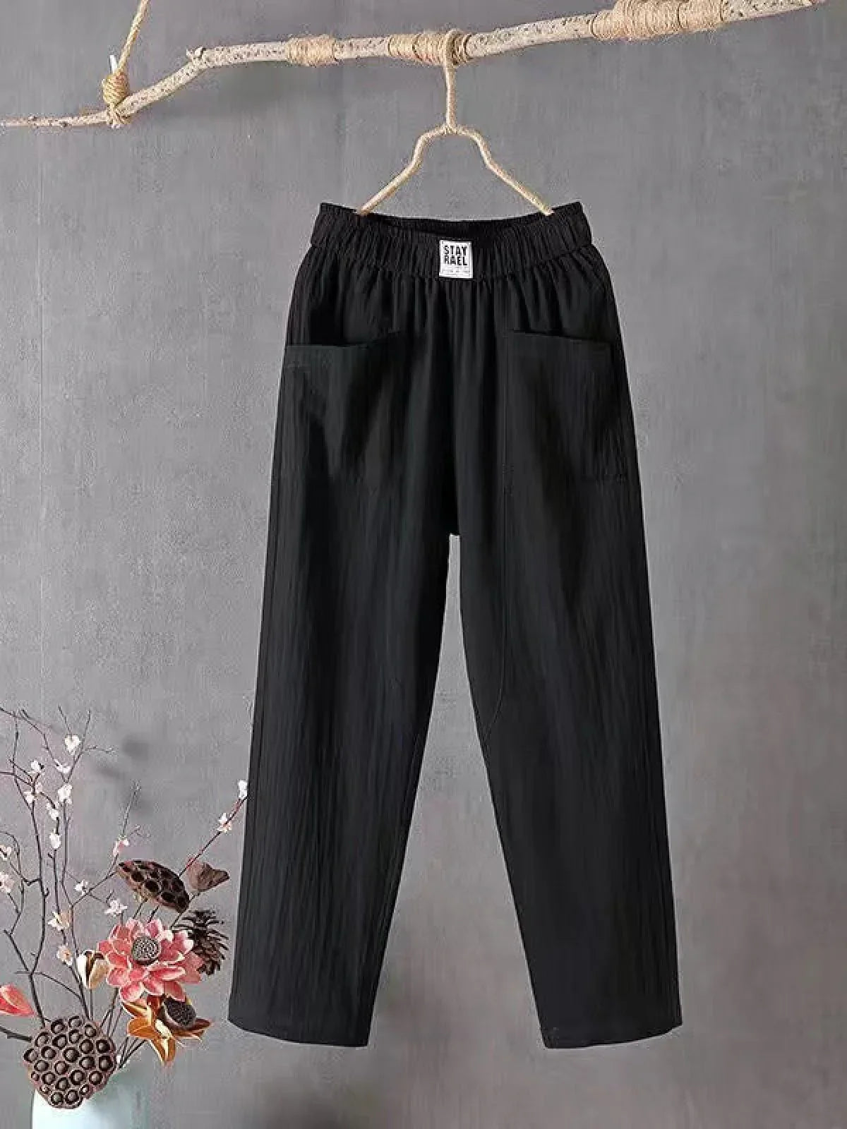 Dames Broek met Elastische Taille en Zijzakken Regular Fit Zwart