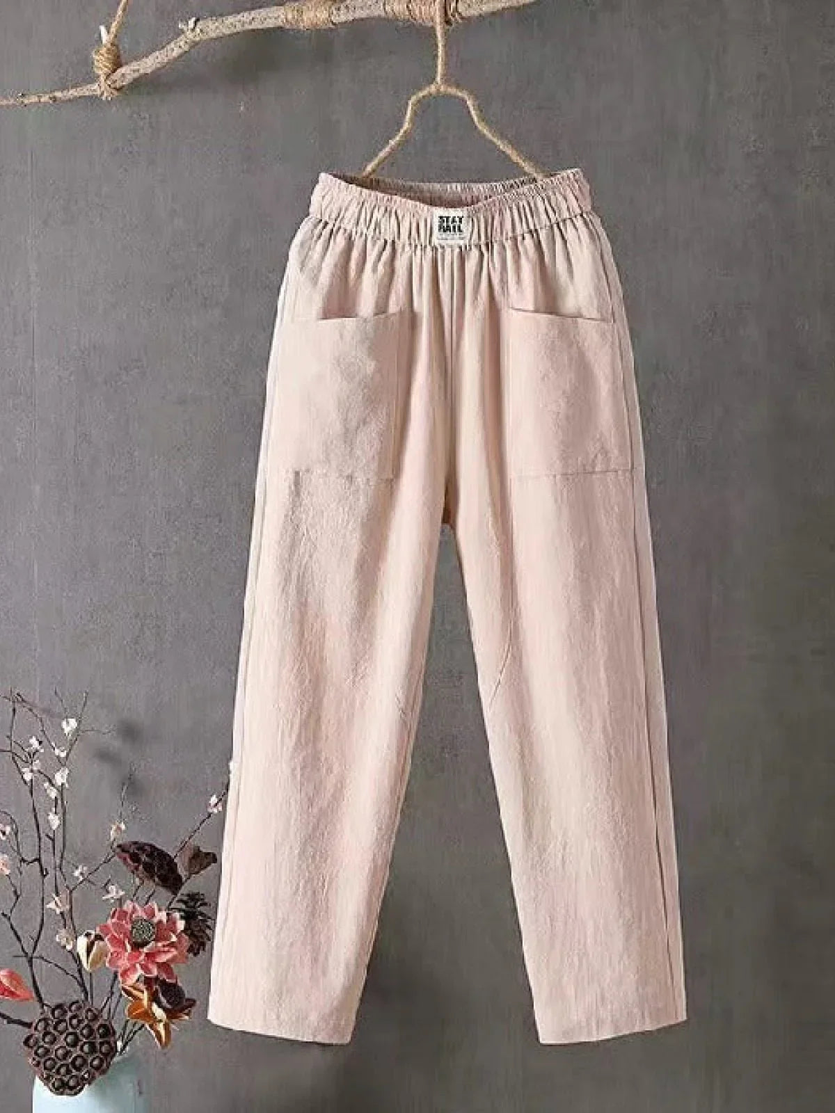 Dames Broek met Elastische Taille en Zijzakken Regular Fit Abrikoos