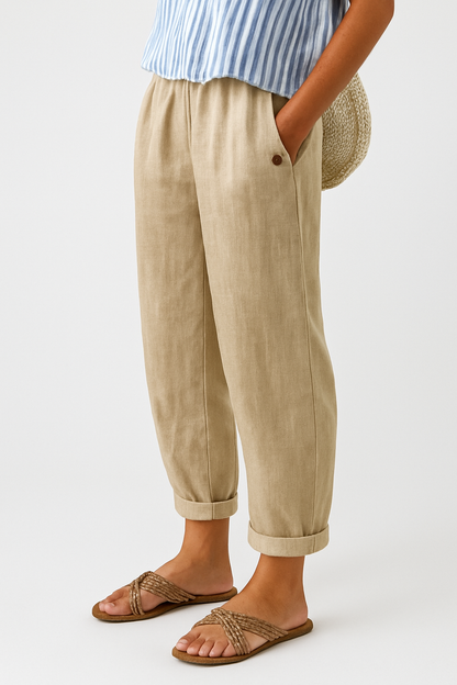 Dames Broek met Elastische Taille, Zijzakken en Omgeslagen Zoom Beige