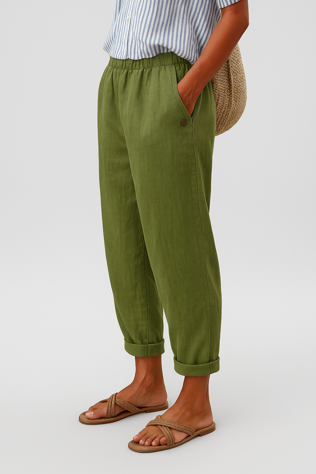 Dames Broek met Elastische Taille, Zijzakken en Omgeslagen Zoom Groen