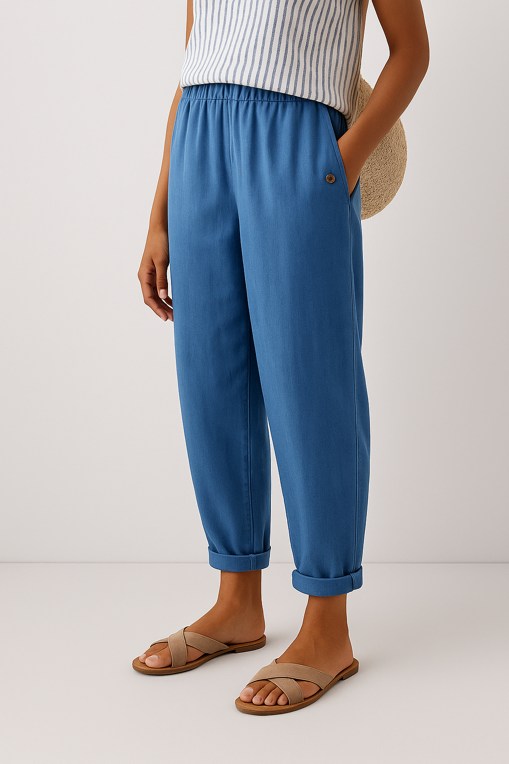 Dames Broek met Elastische Taille, Zijzakken en Omgeslagen Zoom Blauw