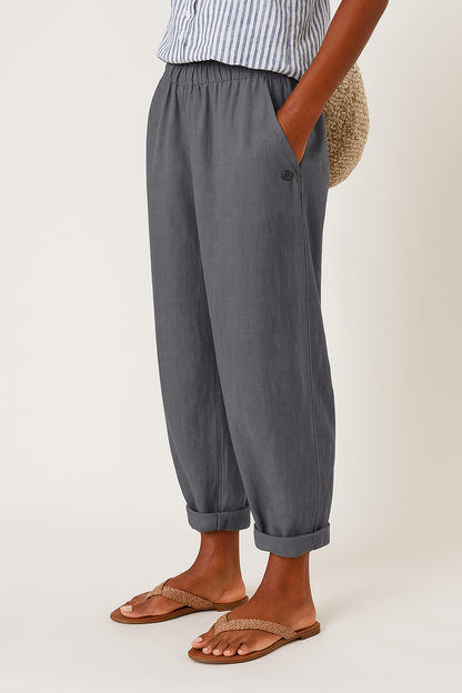 Dames Broek met Elastische Taille, Zijzakken en Omgeslagen Zoom Grijs