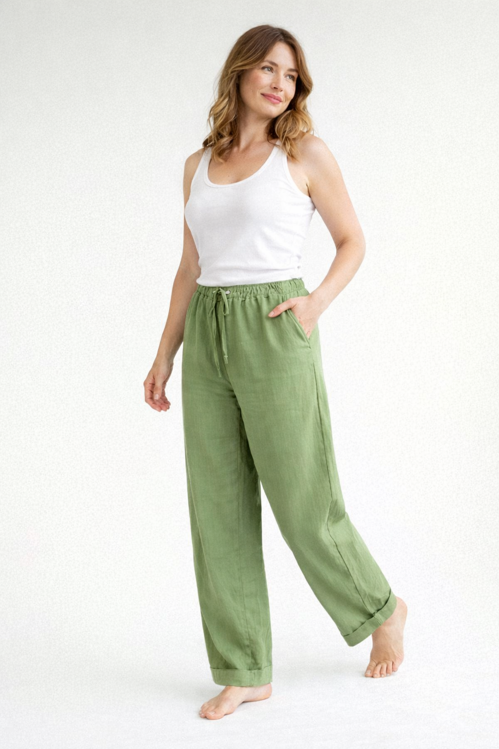Dames Broek met Hoge Taille, Elastische Band en Wijde Pijpen
