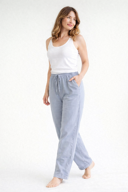 Dames Broek met Hoge Taille, Elastische Band en Wijde Pijpen Grijs
