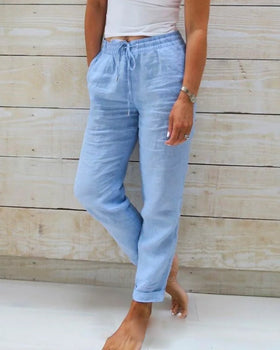 Dames Broek met Hoge Taille, Elastische Band en Wijde Pijpen Blauw