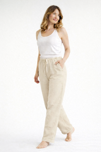 Dames Broek met Hoge Taille, Elastische Band en Wijde Pijpen Khaki