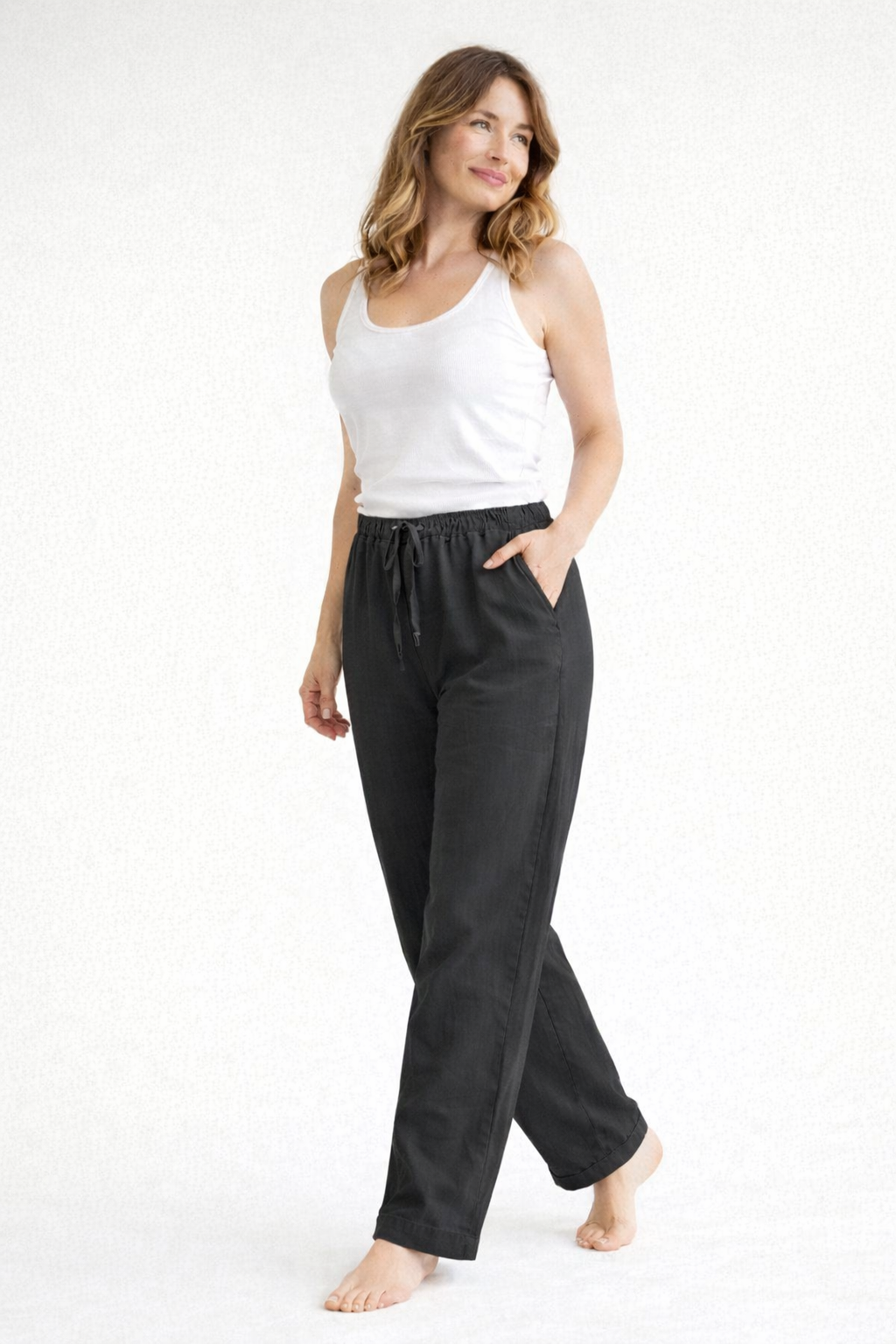 Dames Broek met Hoge Taille, Elastische Band en Wijde Pijpen Zwart