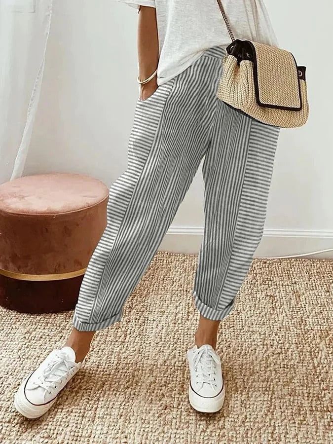 Dames Broek met Toelopende Pijp en Trekkoord Taille Grijs Wit