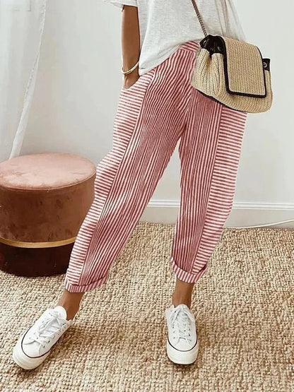 Dames Broek met Toelopende Pijp en Trekkoord Taille Rood Wit