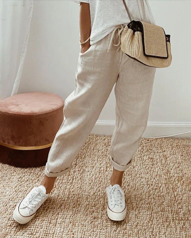 Dames Broek met Toelopende Pijp en Trekkoord Taille Beige