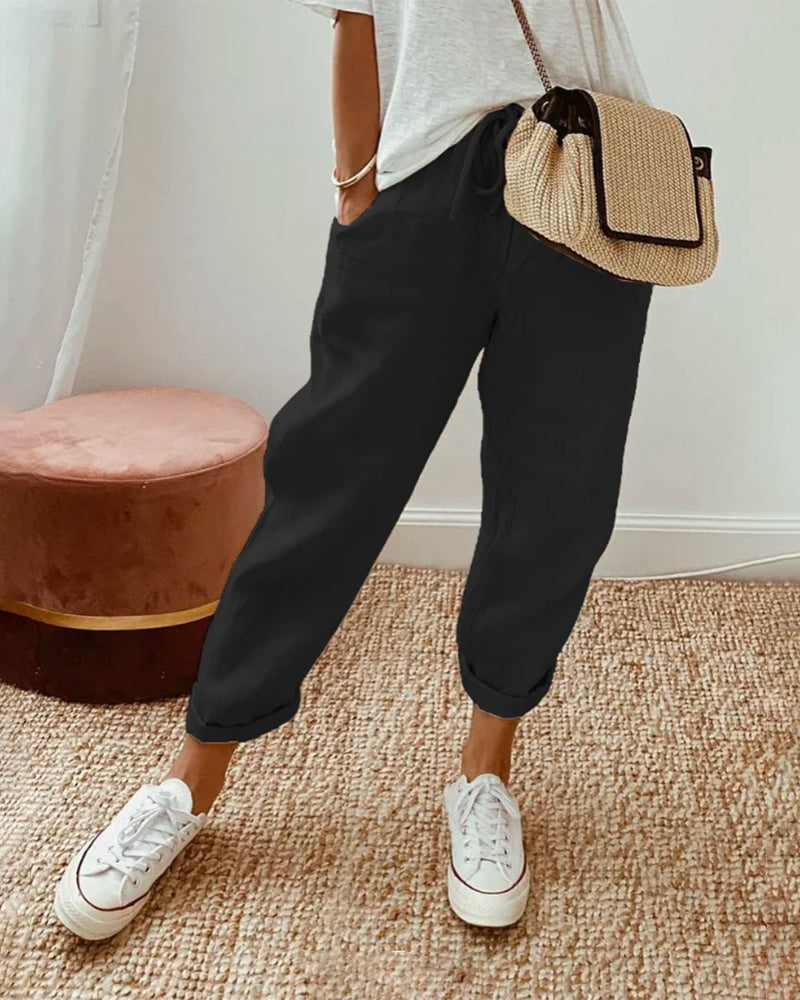 Dames Broek met Toelopende Pijp en Trekkoord Taille Zwart